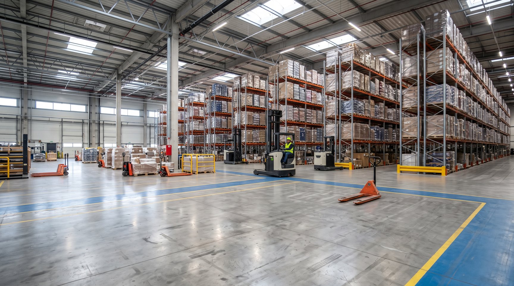 Elektrostapler und Hochregalsysteme als Arbeitsmittel im Lager einer modernen Logistikimmobilie in NRW für effiziente Lagerlogistik und Umschlag.